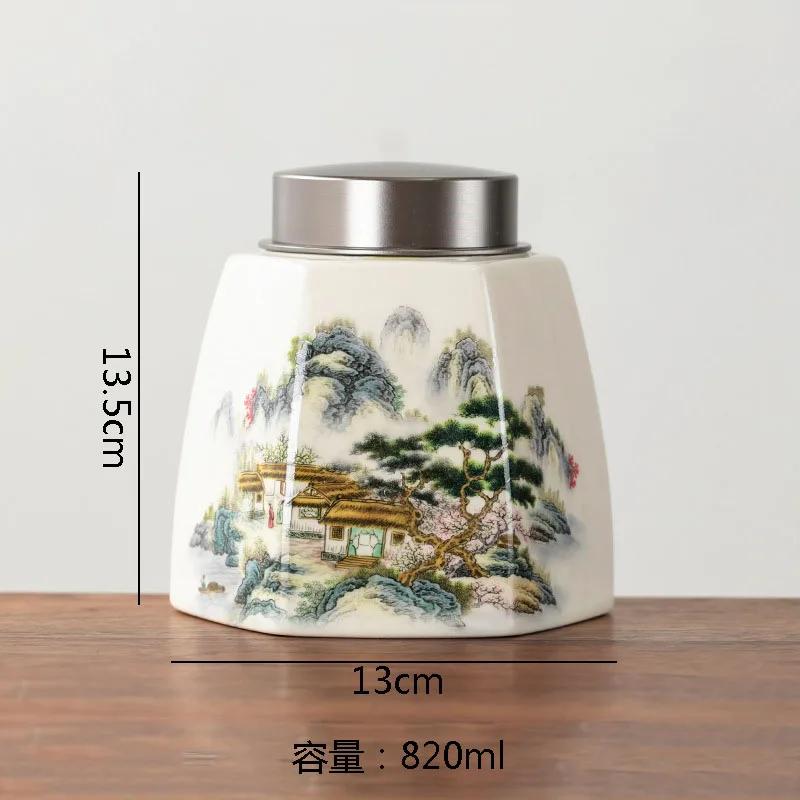 Retro Hand Painted Ceramic Tea Jar Tea Box Alloy Cover Sealed Moisture Proof Jar Tea Canister Candy Jar Household Teas Container