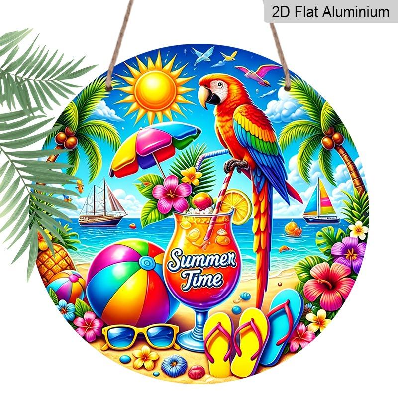 2D Flat Aluminum "Summer Moments" Decorative Signs and Plaques, Available In Various Sizes. Tropical Parrot Beach Pattern Metal Wall Decorations