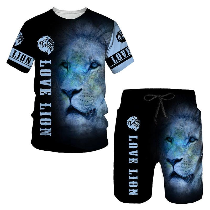 Mode 3D Imprimé Lion Vêtements de Sport Homme Ensemble 2 pièces Été T-shirt Short