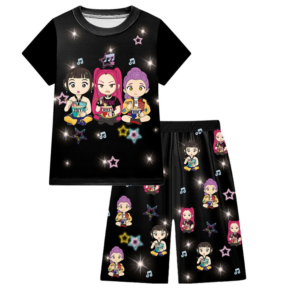 KPOP Mädchen T-Shirt und Hosen Set, Demon Slayer Cartoon, Zweiteiliges Kurzarm- und Shorts-Set für große Kinder