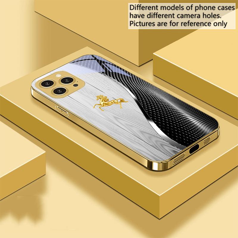 Holzmaserung Goldenes Pferd Für IPhone 16 Pro Max 15 Pro 14 13 Plus 12 Mini 11Pro Max XS Max XR Goldene gehärtete Glas Handyhülle