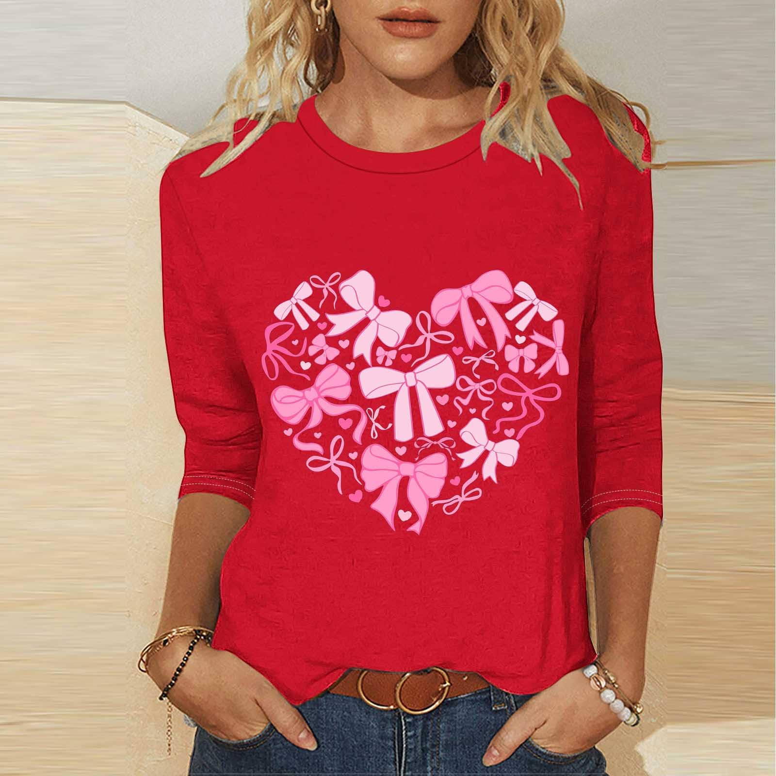 

Women s Fashion Casual Three,quarter Sleeve Valentine s Day Printed Round Neck Top XXL червоний