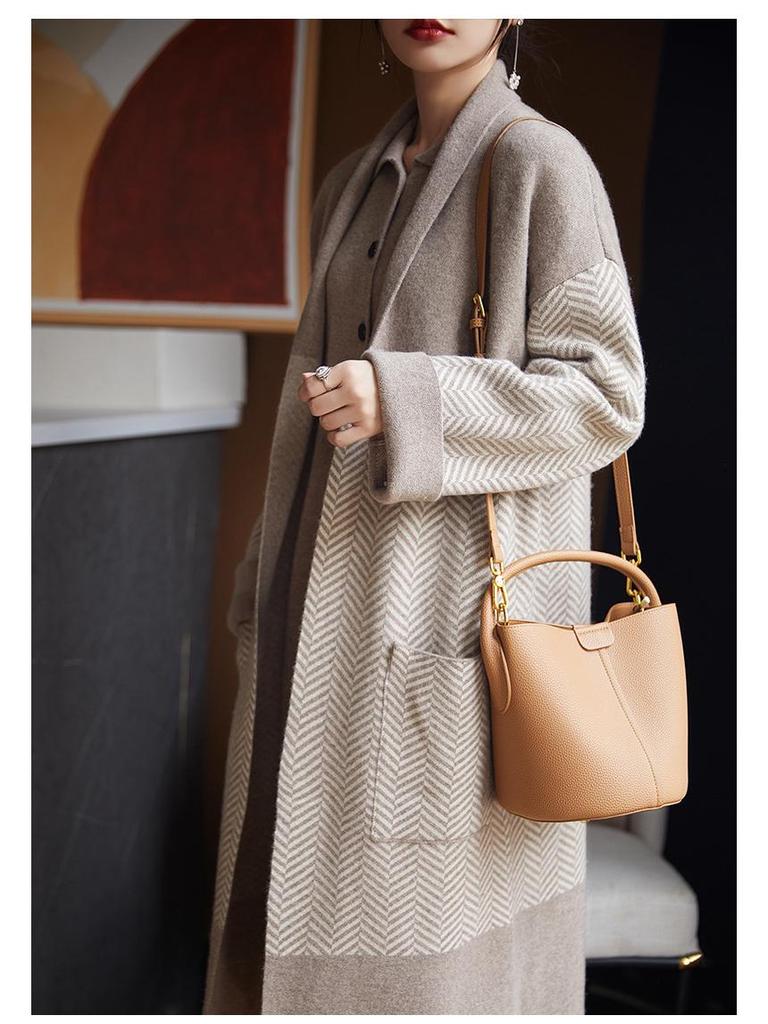 Dámský extra dlouhý zahuštěný kardigan s klopami 100% vlněný svetr šál - Volné podzimní/zimní pletené zboží.