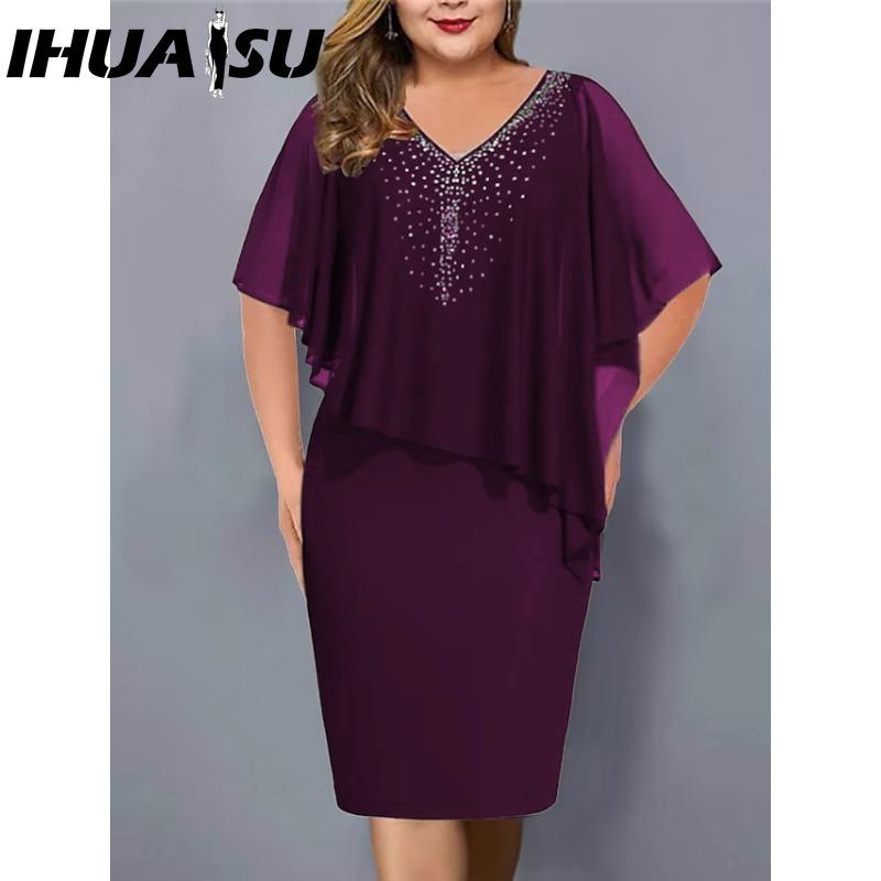 

IHUASU Женское платье большого размера с V-образным вырезом, асимметричное, облегающее ягодицы, шифоновое платье с пайетками(L-5XL) XXXL фиолетовый