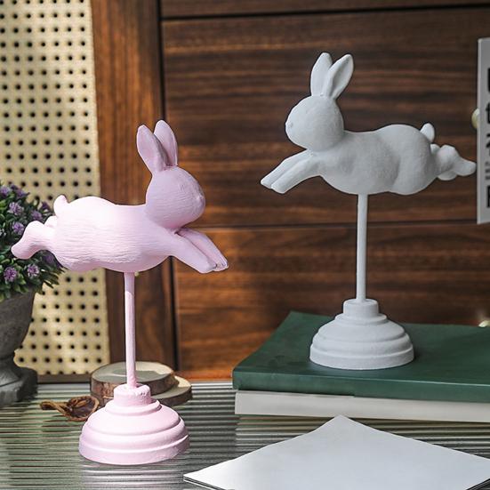 Wooden Bunny Figurine, Nordic Style Floating Running Rabbit Statue with Base for Desk, Bookshelf, TV Cabinet Home Decor