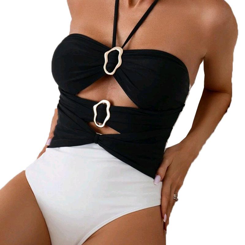 New Sexy Black and White Contrasting Metal Decoration Hanging Neck One-piece Women's Swimsuit Summer Beachwear