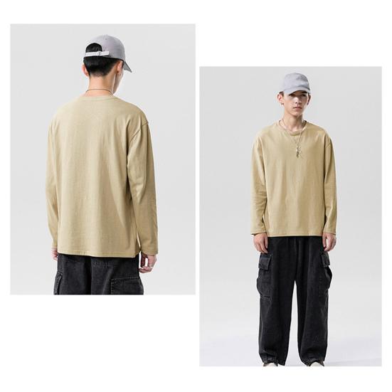 Men Long Sleeve T-Shirt Crew Neck Loose Fit Cotton Base Shirt Solid Color Casual Tee Shirt for Spring Autumn Casual Wear