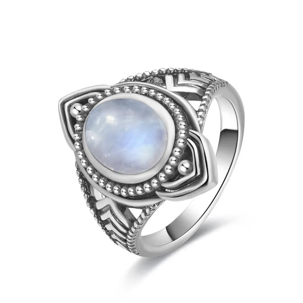 Vintage 925 Sterling Silver Natural Moonstone Rings Bohemia Oval Shape Retro Ring Gifts Fine Jewelry for Women Men