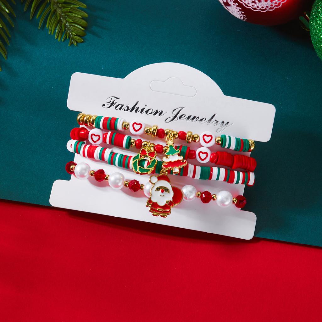 4Pcs/Set Christmas Tree Santa Claus Bracelet For Women Xmas Deer Snowflake Pearl Polymer Clay Beads Bracelets New Year Jewelry