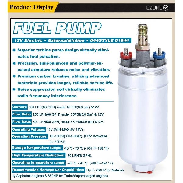 LZONE - TOP QUALITY External Fuel Pump 044 OEM:0580 254 044 Poulor 300lph Come with White Pack JR-FPB044