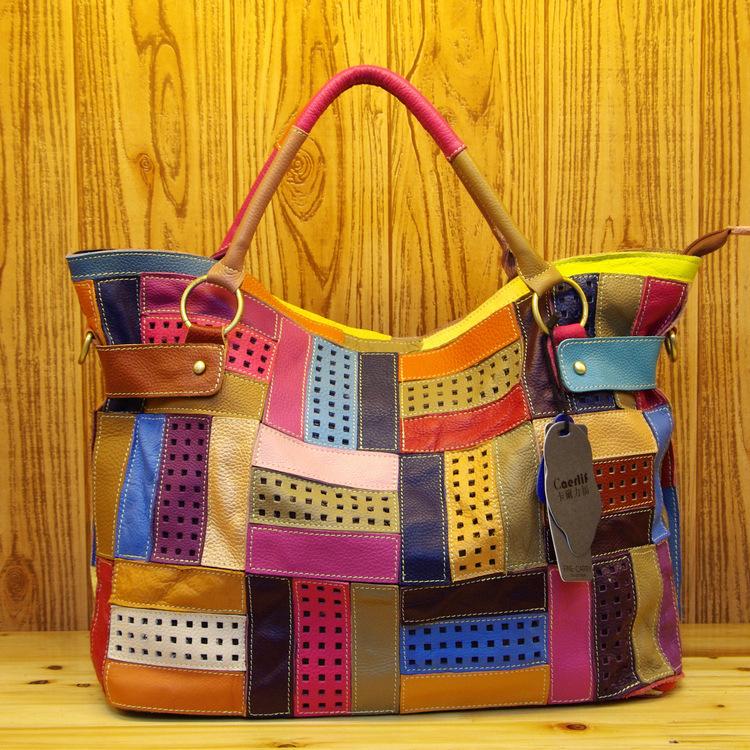 

Genuine Leather First Layer Cowhide Personalized Design Contrasting Color Splicing Portable Crossbody Large Capacity Tote Women S Bag
