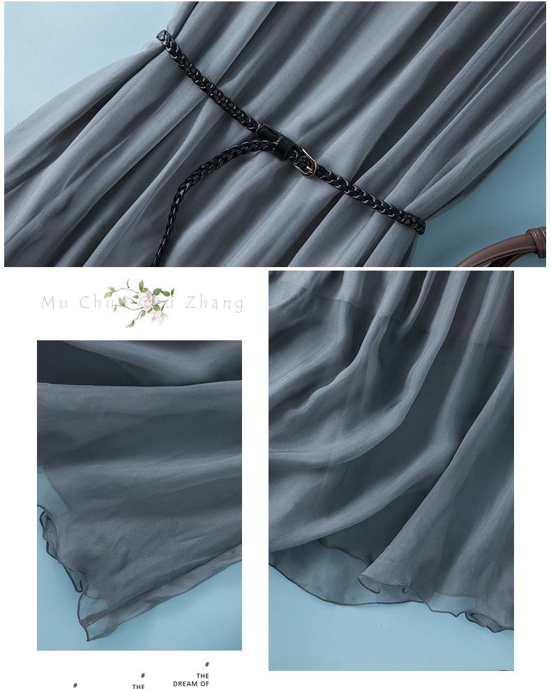 Elegant Sleeveless Silk Midi Dress with Belted Waist and Loose Hem for Summer 2022 Women's Fashion.