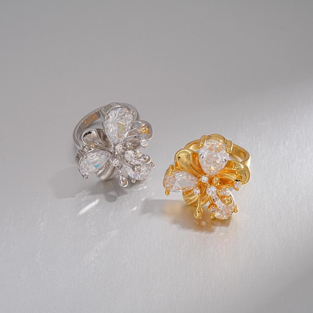 18k Gold Plated Zircon Flower Open Ring - Luxury European & American Style Index Finger Ring