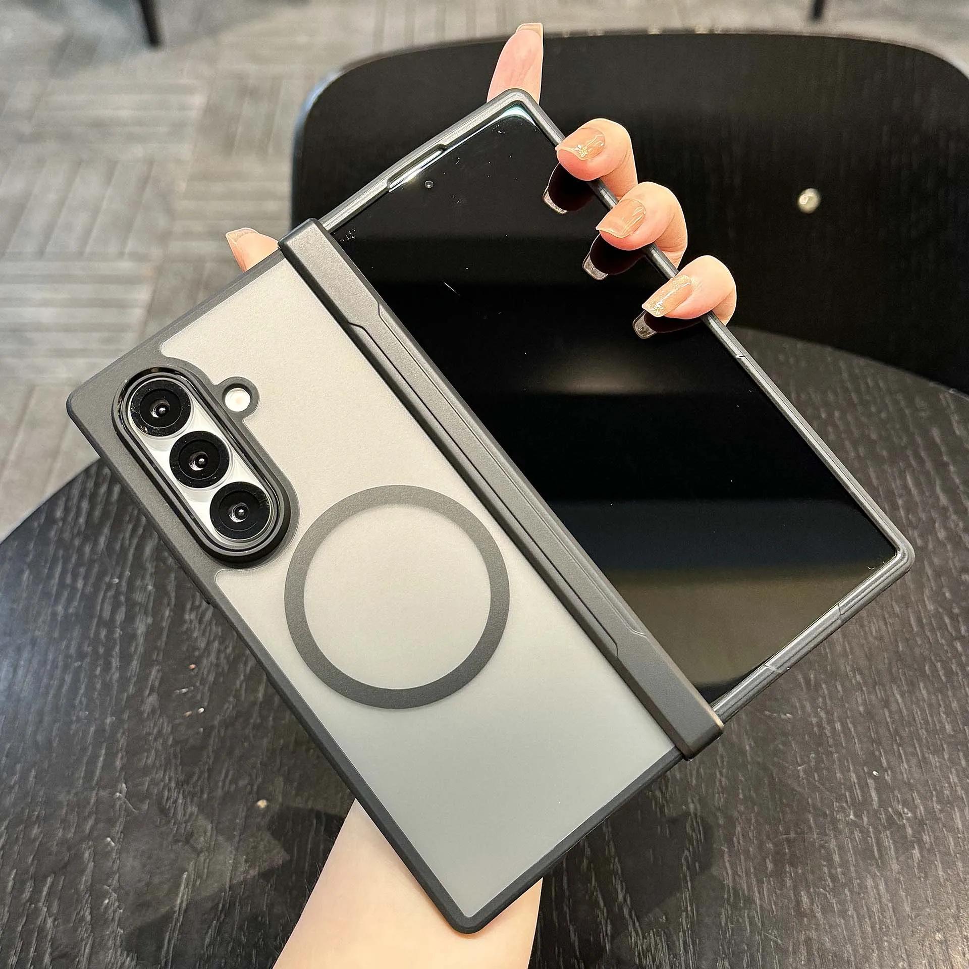 

Матовый магнитный чехол для телефона Samsung Galaxy Z Fold 7 Черный Мягкий силиконовый бортик Складной шарнир Беспроводная зарядка Защитная крышка Galaxy Z Fold7 матовый черный