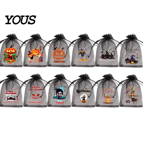 Halloween Pouch 12 Pcs Organza Candy Bag, Drawstring Treat with Pumpkin Ghost Bat Trick or Bag Print, Sheer Favor for Party Snacks, Gift Packaging