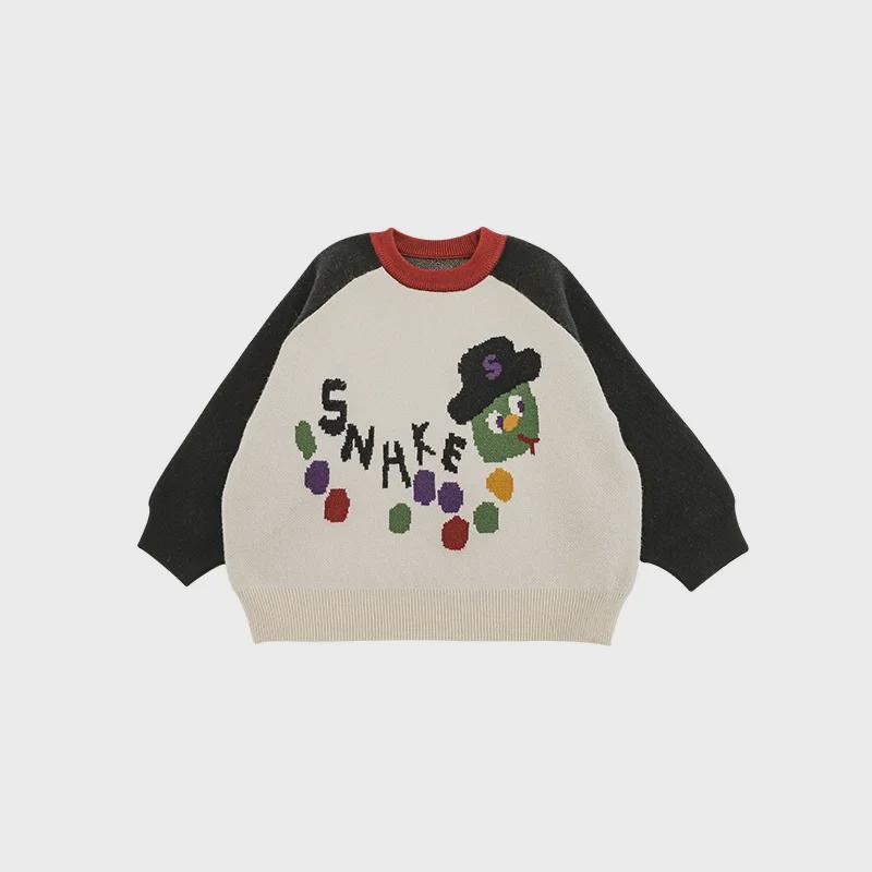 Wulibuyi 2025 Boys' Long-Sleeve Cartoon Snake Sweater – Warm Winter Knit