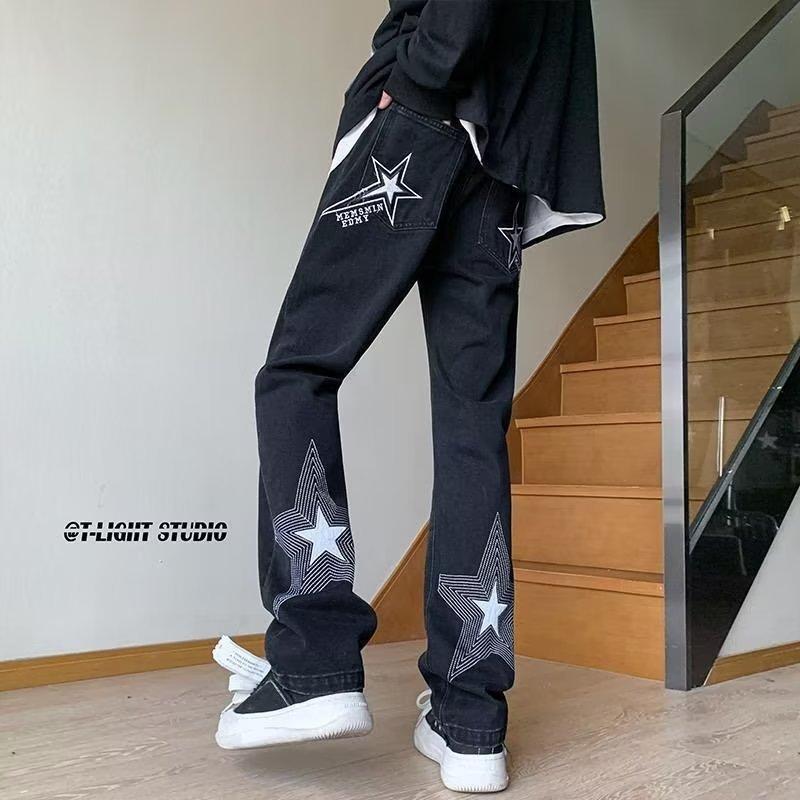 Джинсы JYL мужские широкие с принтом звезд Весна Осень Американский High-Street Деним XL амарантовый