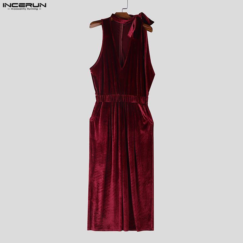 INCERUN Men Lacing Neck Sleeveless Solid Velvet Party Long Rompers Jumpsuits