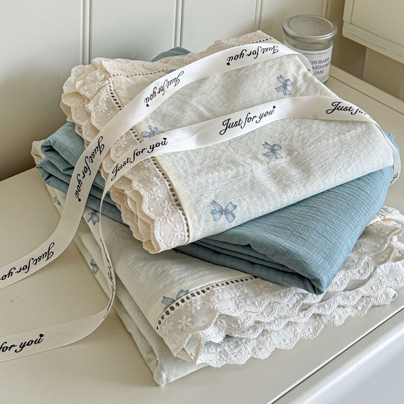 Ins Korean Style Blue Bow Double Layer Gauze Four-Piece Set Simple Lace Edge Duvet Cover Bed Sheet Dormitory 3-Piece Set