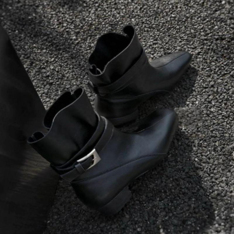 Mid Heels Women Pointed Toe Short Boots Designer Elegant 2025 New Shoes Winter Chelsea Classical Ankle Boots Dress Buckle Pumps