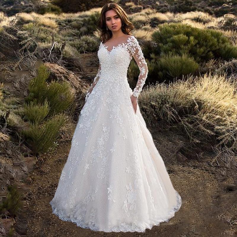 Customized Batch 2025 Spring New European and American Women's Clothing Amazon Long-sleeved One-word Shoulder Bridal Wedding Dress Dress