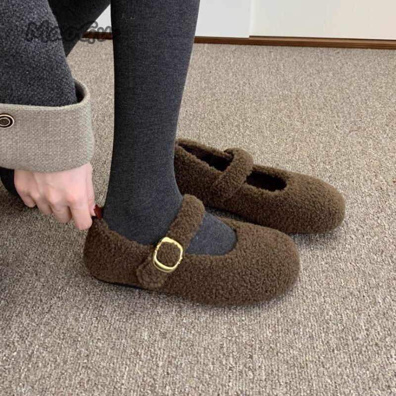 Fashion Autumn Winter Fur Footwear Women's Mary Jane Shoes Concise Warm Outdoor Low Hee Loafers Ladies Comfortable Cotton Flats Shoes
