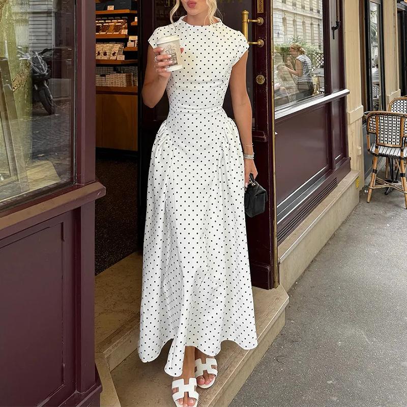 

European and American women s clothing, new spring models, French polka dot round neck waist and thin pendulum dress 3XL білий