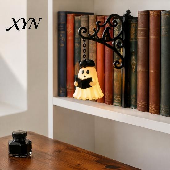 Ghost Reading Lamp Hanging Book Light, Spooky Iron Bookshelf Decor with Warm Creative Decorations Glow, Gothic Corner Ambient Lighting for Halloween