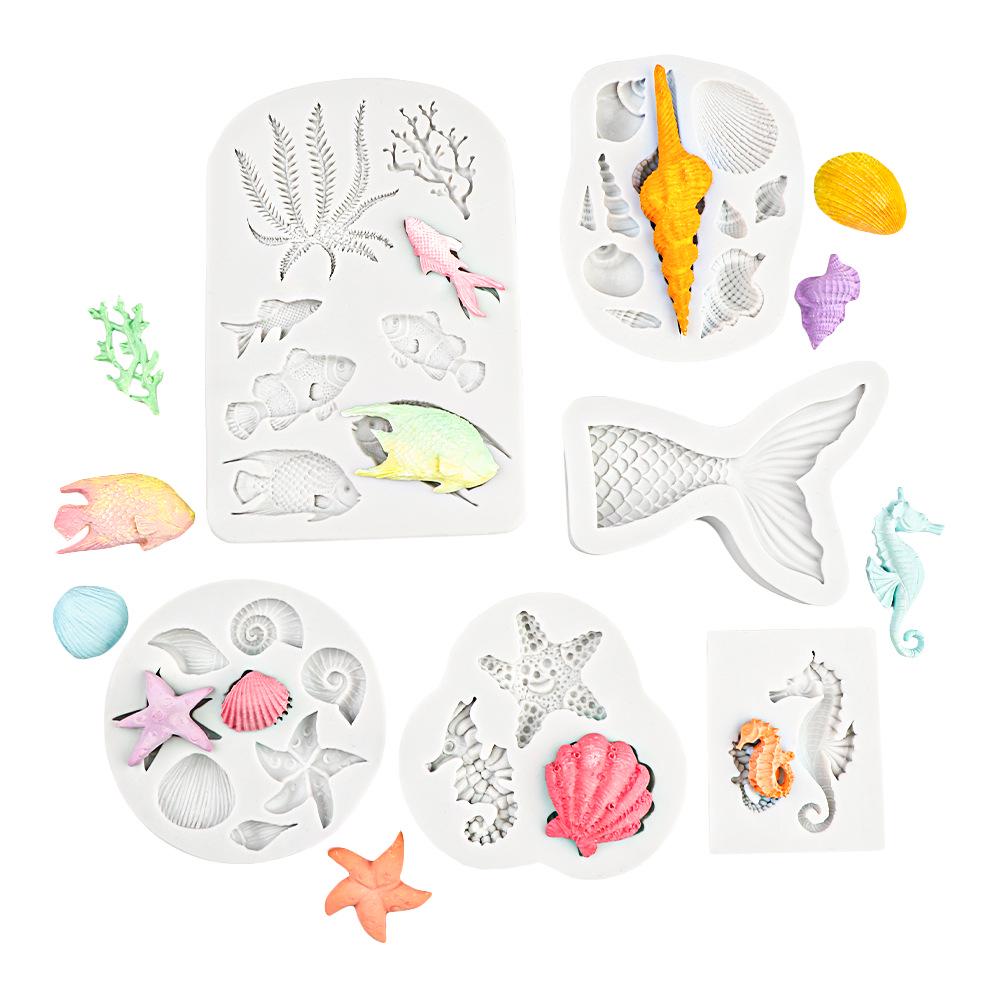 

Силиконовые формы серии «Океан»: Морская звезда, Рыбий хвост, Морской конёк и Инструменты для выпечки из шоколадной мастики