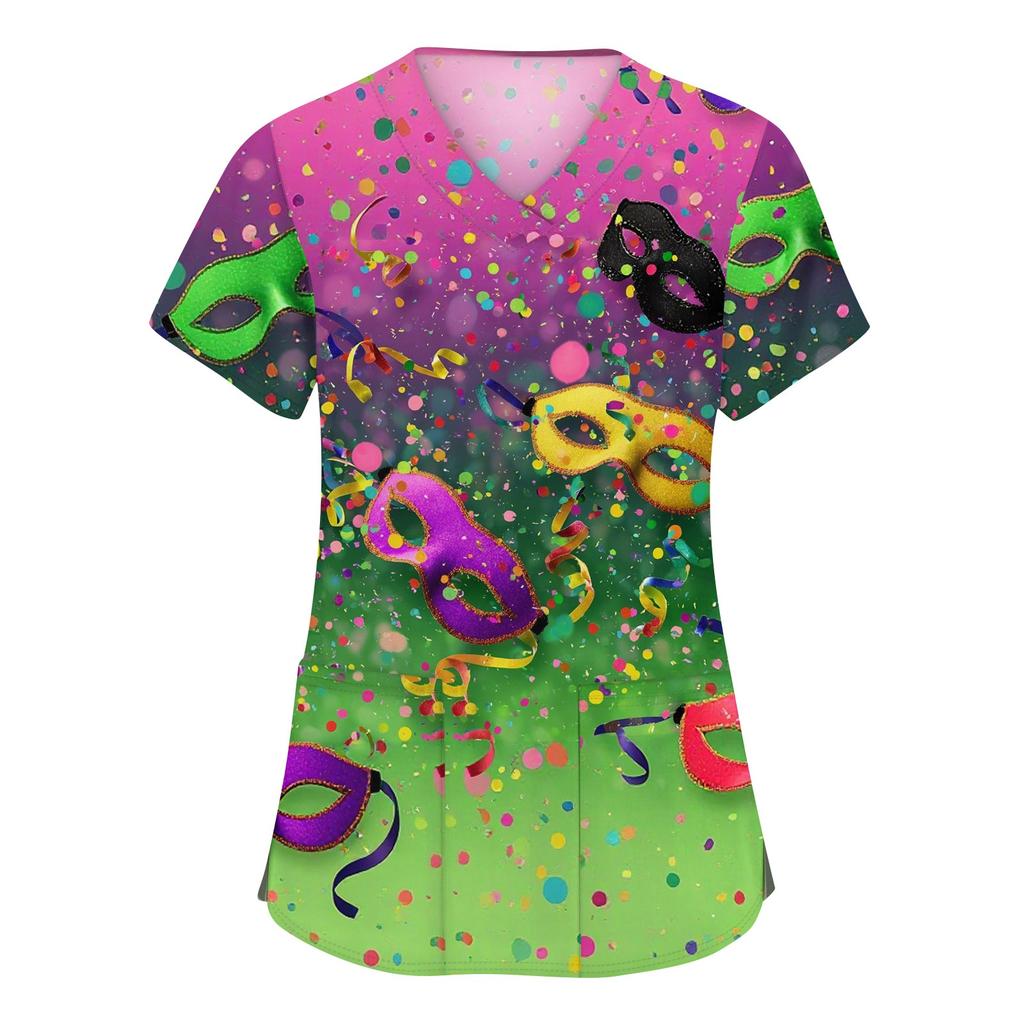 Modische Arbeitskleidung für Damen mit V-Ausschnitt, kurzen Ärmeln und bedruckten Taschen