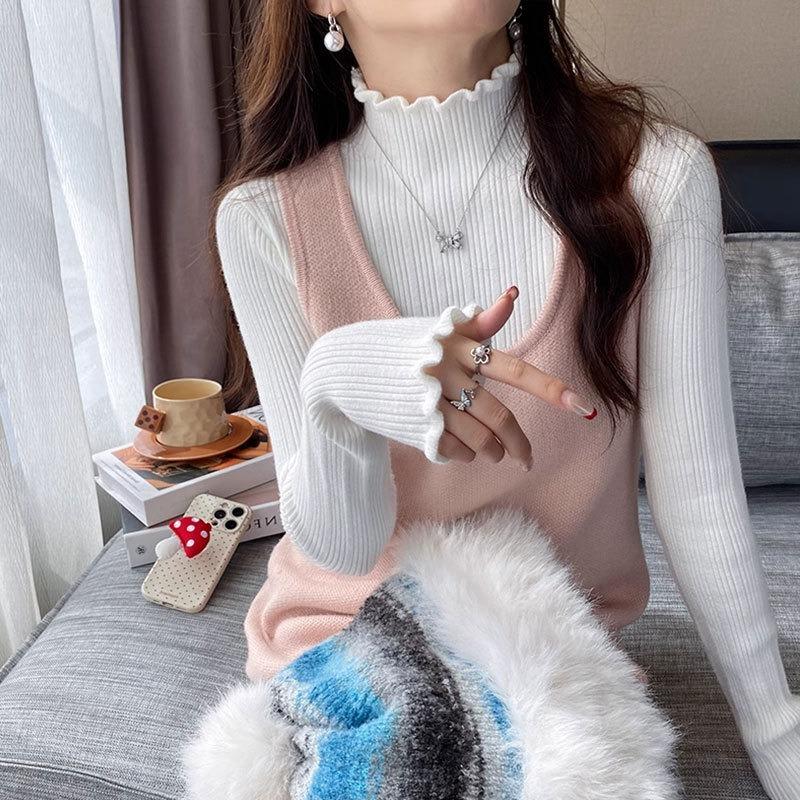 Super good-looking fungus edge bottoming shirt women's autumn and winter with white knitted sweater semi-turtleneck sweater