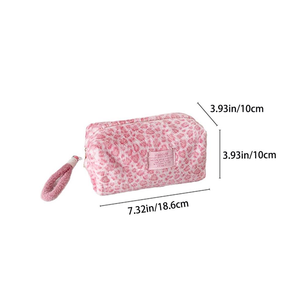 Plush leopard print makeup bag, student portable stationery bag, pencil case, desktop storage bag, sanitary napkin storage bag
