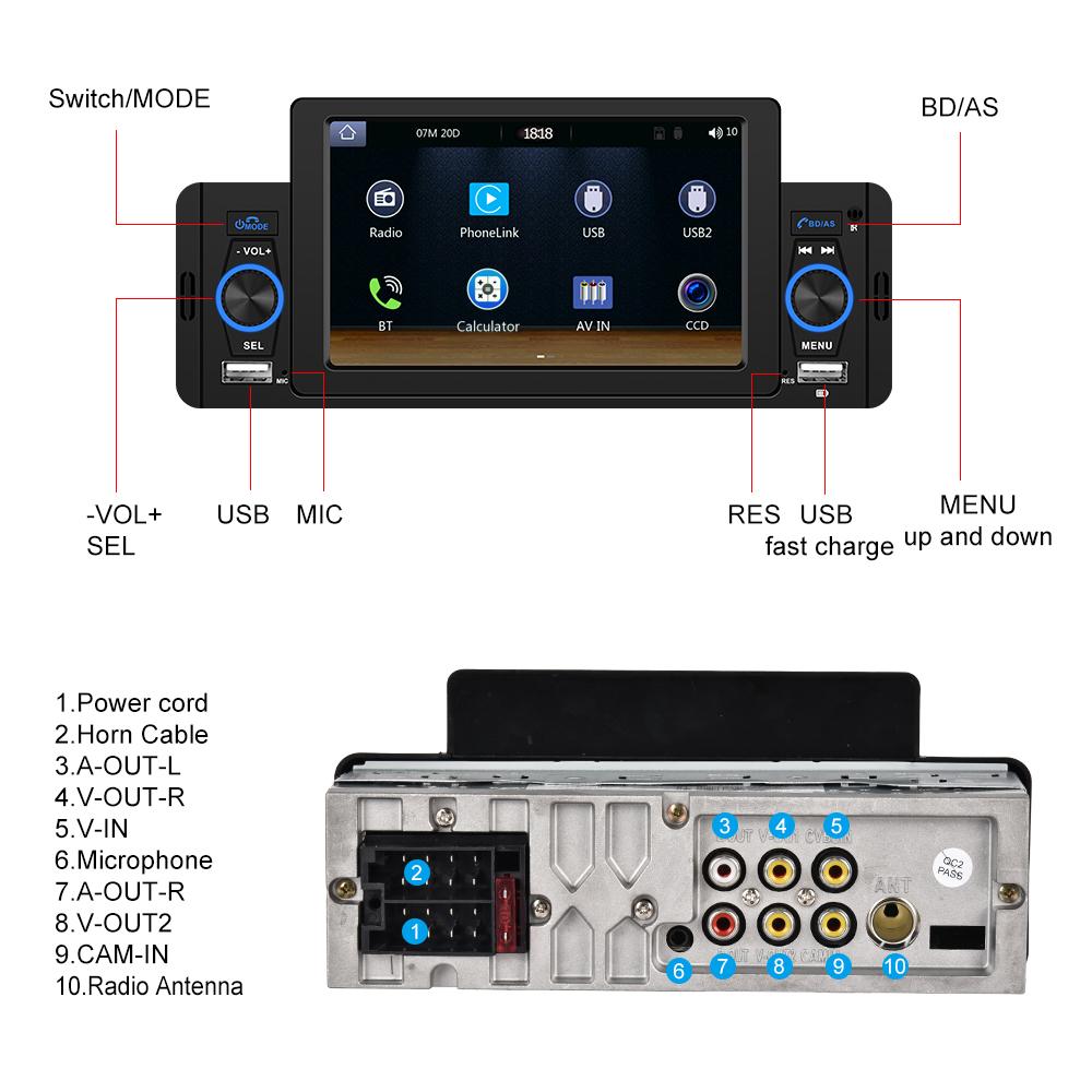 Car Radio 1 Din Universal CarPlay Android Auto Multimedia Player Bluetooth MirrorLink FM Receiver
