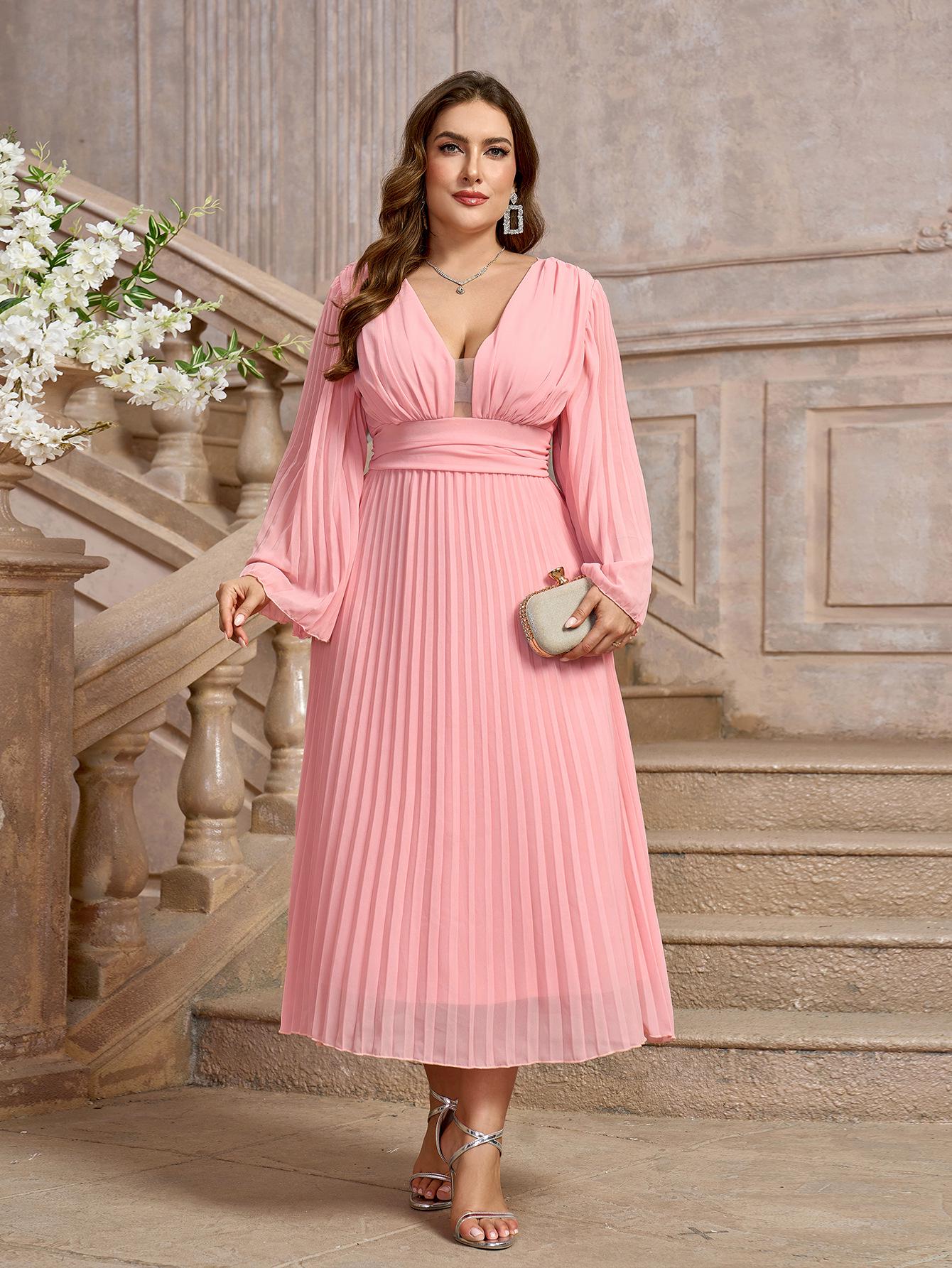 Plus Size Sexy Pleated V-Neck Long Sleeve Chiffon Dress for Women 1XL розовый
