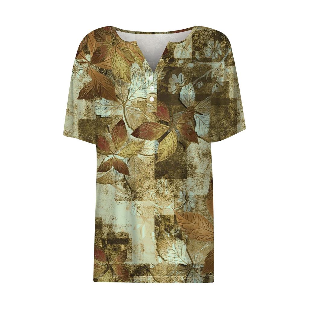 Damen-T-Shirt, T-Shirt, bedruckt, Knopfleiste, kurzärmelig, für den Alltag, Wochenende, modisch, Basic, V-Ausschnitt, normales Oberteil