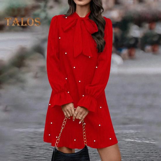 Women Dress Lace-up Bow Faux Pearl A-line Puff Sleeves Pure Color Above Knee Length Mini Dress Prom Party Dating Short Dress