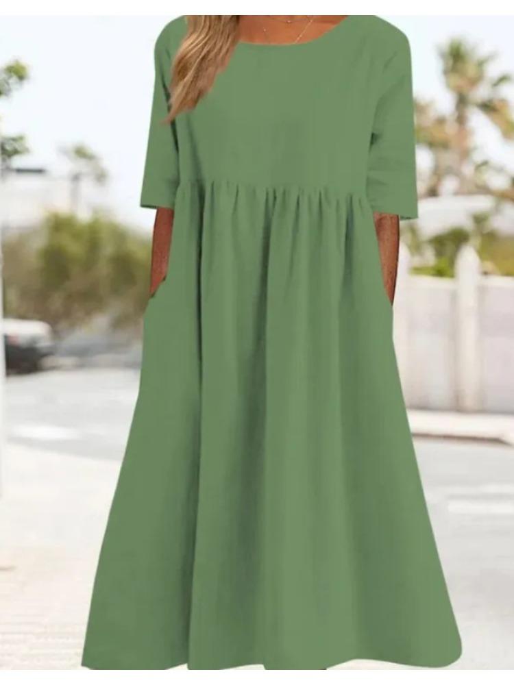 Plus Size Round Neck Solid Pleated Pocket Loose Casual Midi Comfortable Dress S-5XL Lightweight Recognition Elegant with Flattering Chic Dress