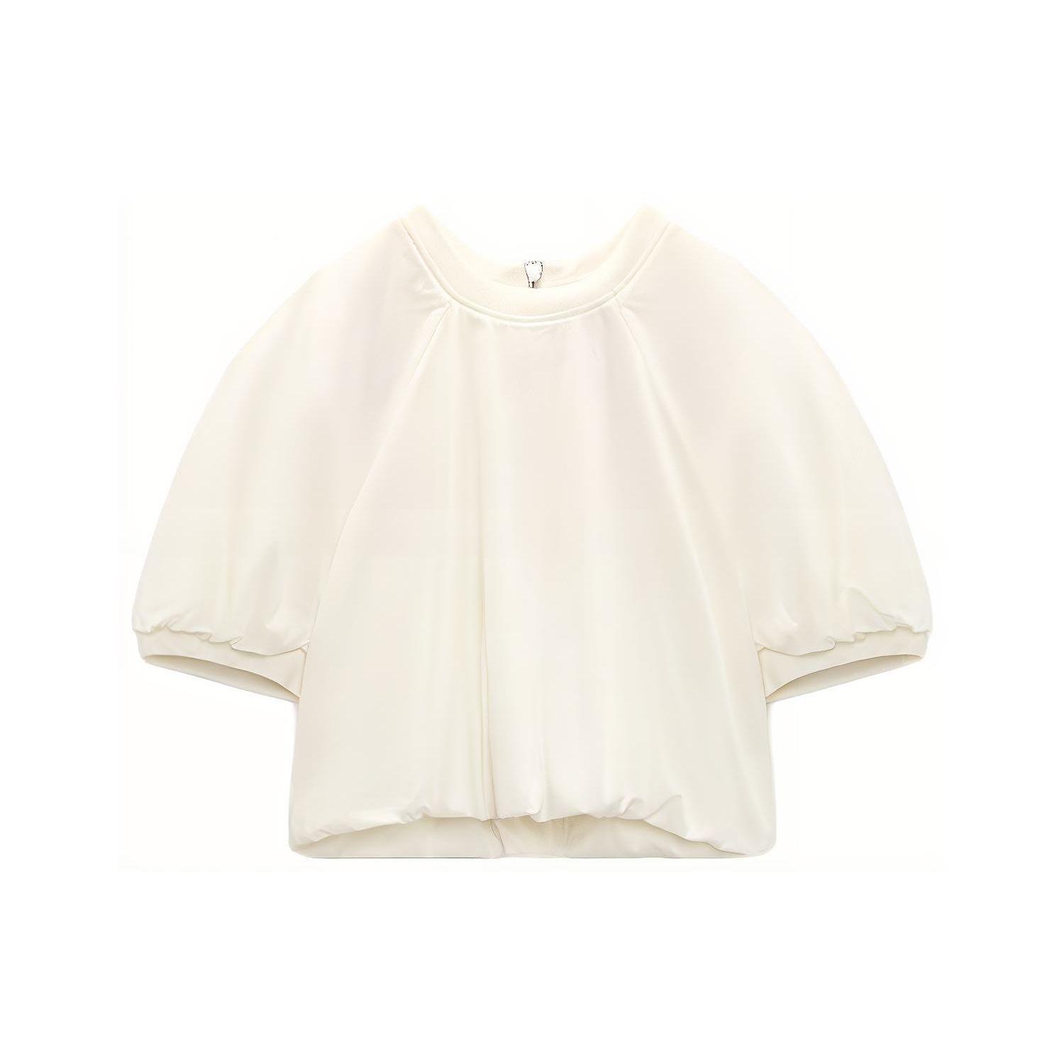 

Zara Color Block Ribbed Puff Sleeve Shirt Women tops White 04437115712-34 L