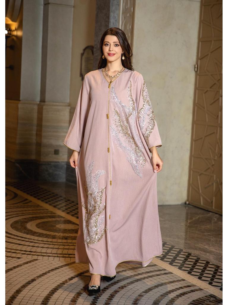 AB309 Women's Sequin Embroidered Muslim Long Dress - Autumn Dubai Jalabiya