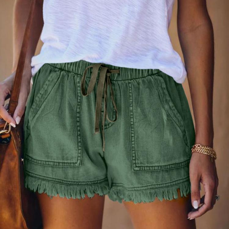

Summer New Elastic Waist Drawstring Casual High Waist Slim Denim Shorts Women 3XL зелений