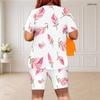 Women Plus Size Blue Rose Floral Printed Round Neck Short Sleeve Two Piece Fitted Shorts Set