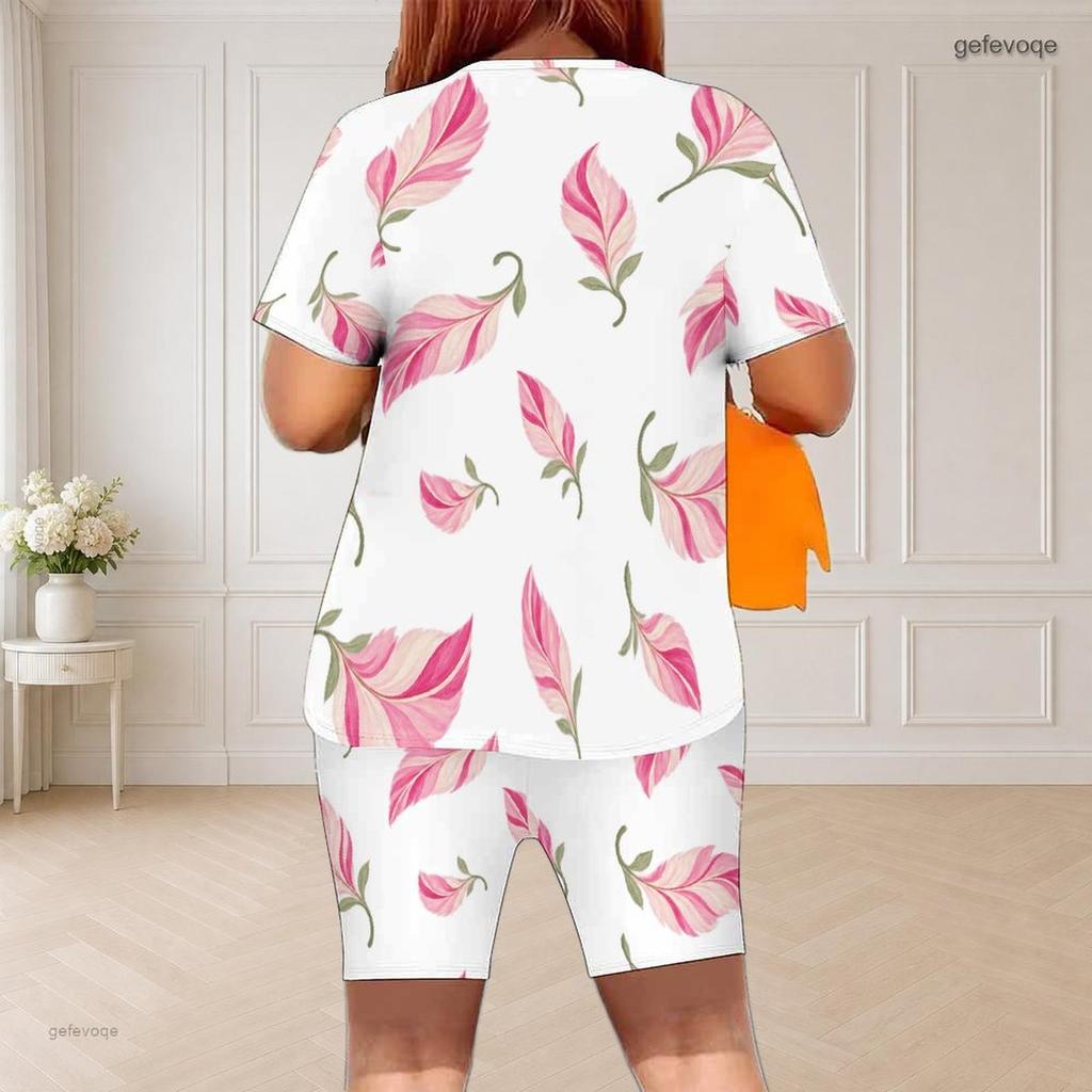Women Plus Size Blue Rose Floral Printed Round Neck Short Sleeve Two Piece Fitted Shorts Set