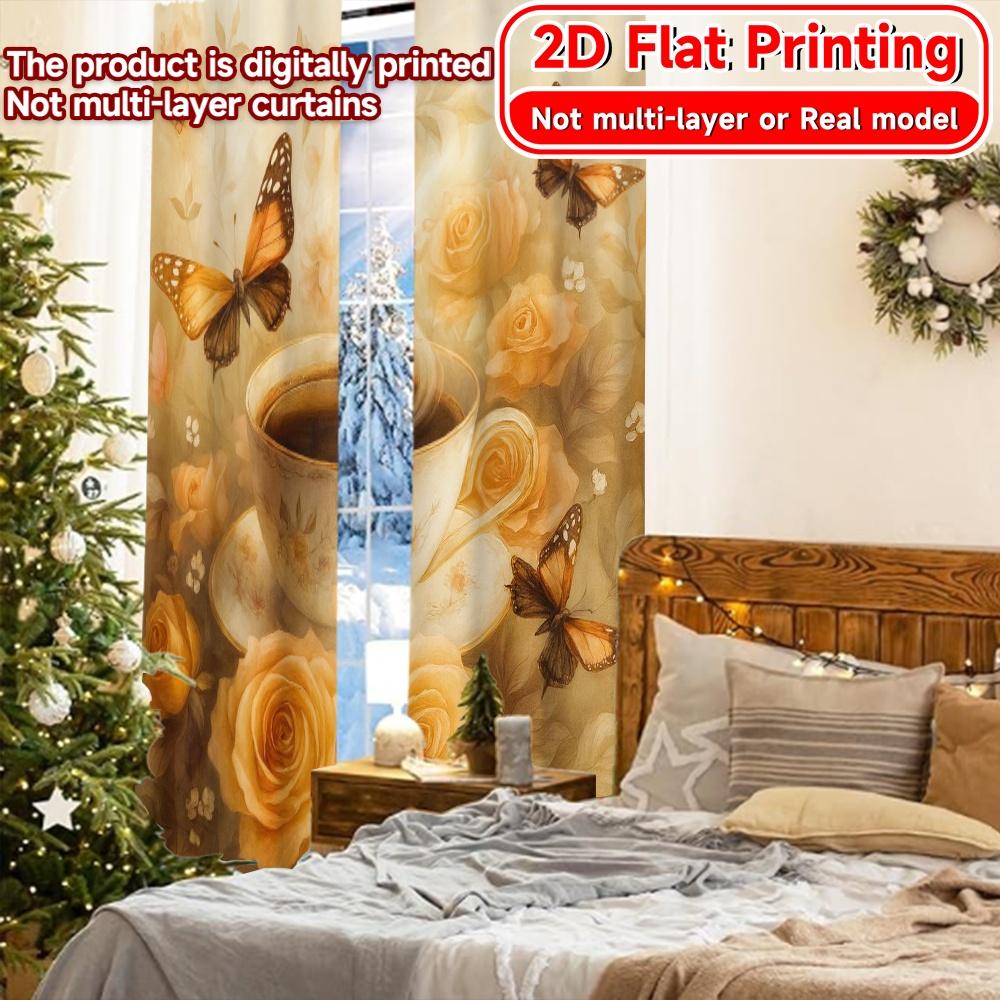 2D Flat Printing,2pcs Butterfly Brunch Fashionable Chic Curtains Prints Light Filtering Curtains Decorations Inside for Living
