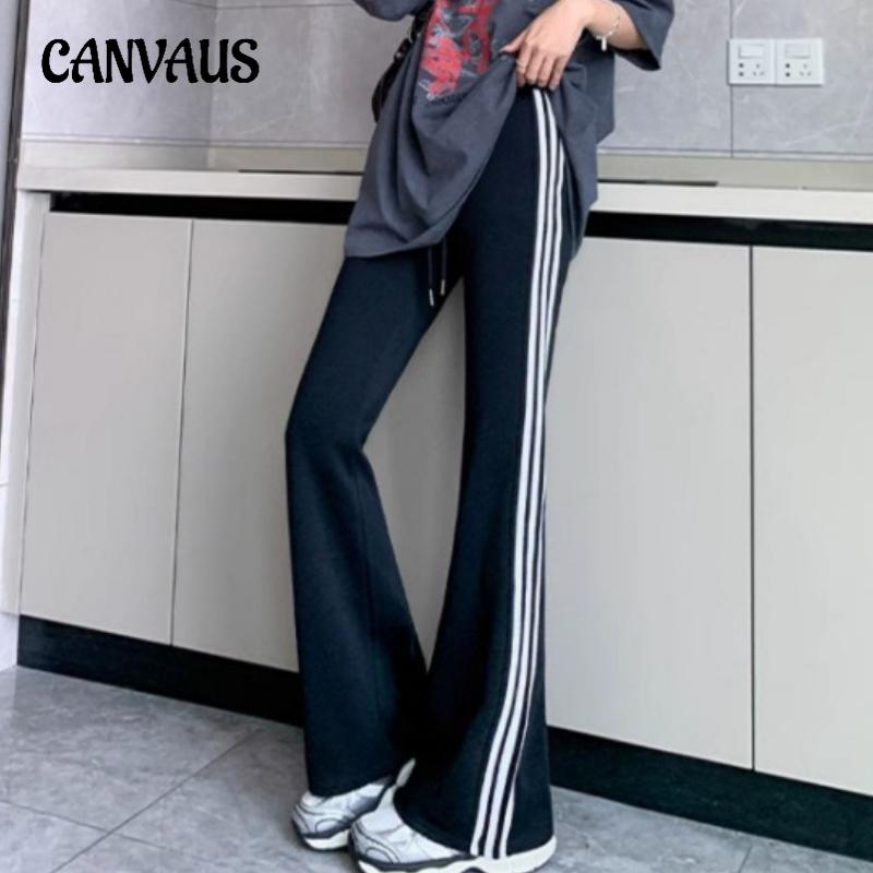Slim Striped Splicing Micro Pants High Waist Casual Flare Pants for Women