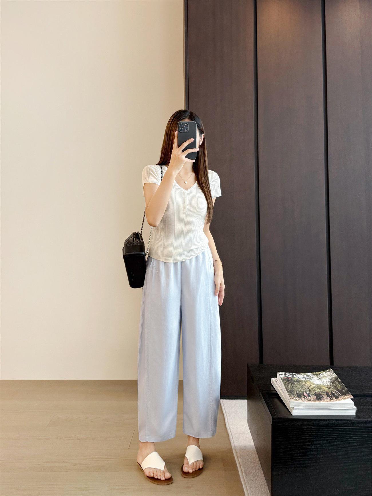 

Women s Tencel Linen Straight Cropped Pants for Spring/Summer Small небо синє кольору