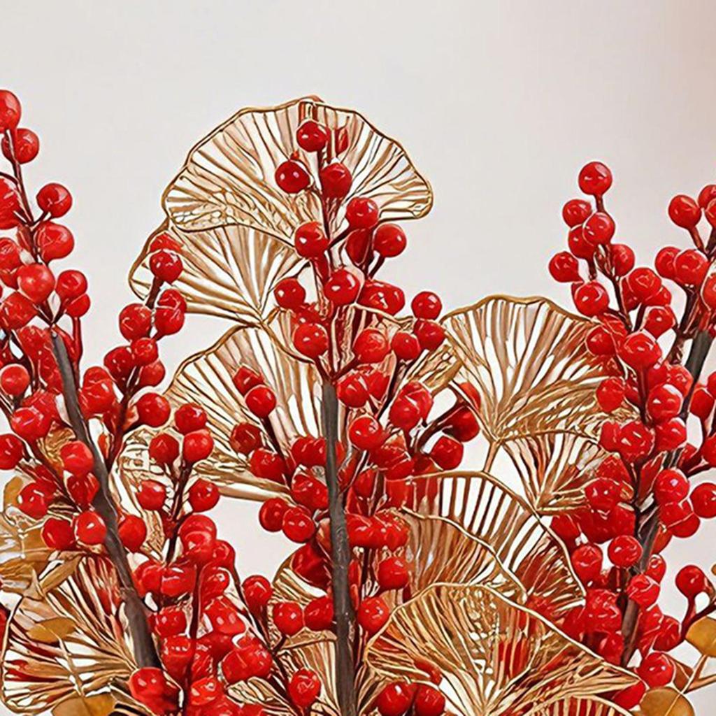 Spring Festival Centerpiece Artificial Flowers Box with Red Fruits and Gold Leaves for Tabletop Home Office Decoration