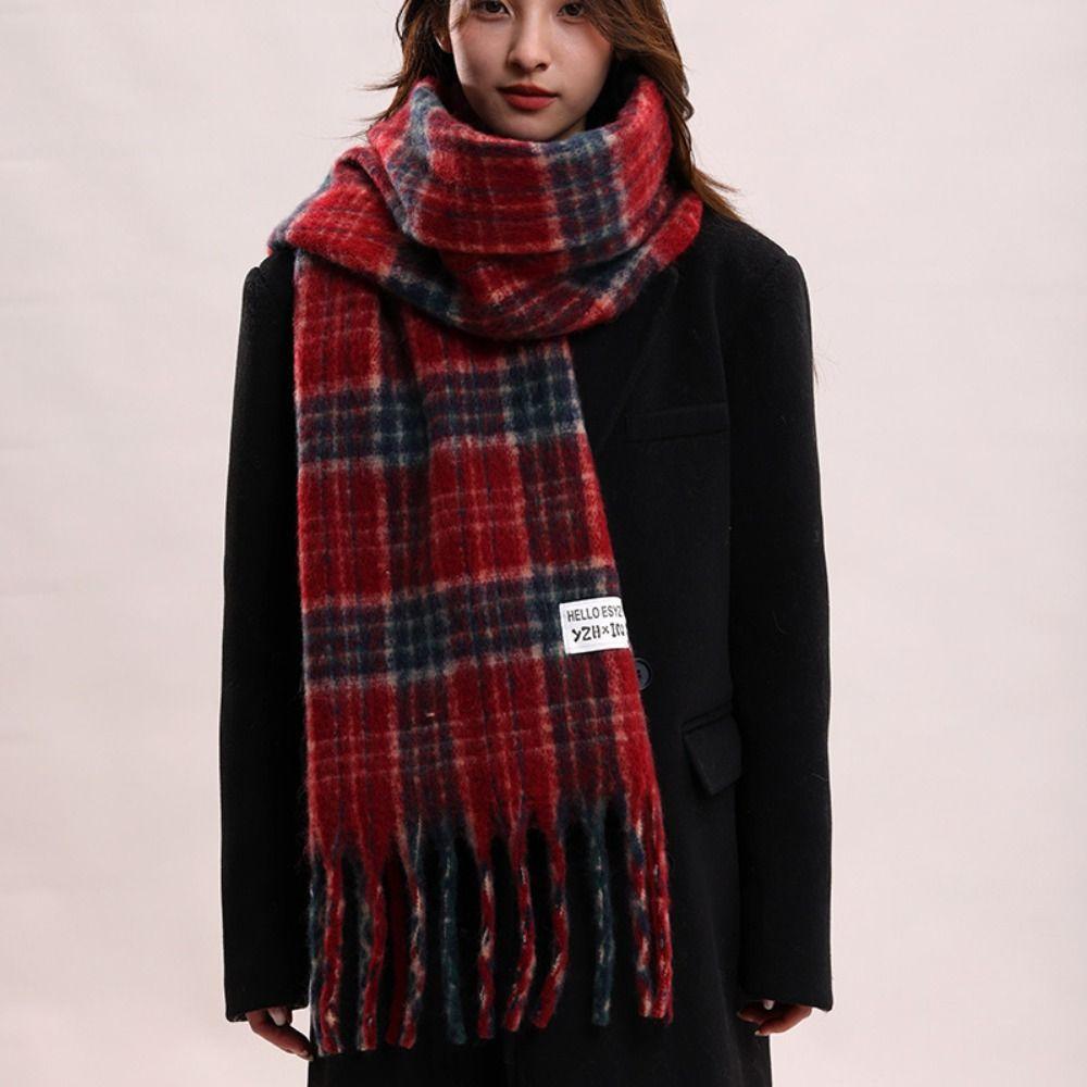 Plush Plaid Wool Scarf Mohair Long Shawl Elegant Winter Cashmere Scarves  Student