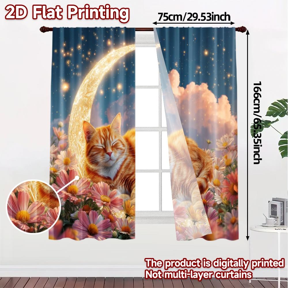 2pcs, 2D FLAT PRINTING Curtains (Without Rod) Moonlit Cat Popular Curtain Cloth Versatile Fabric Curtains Decorations For Home