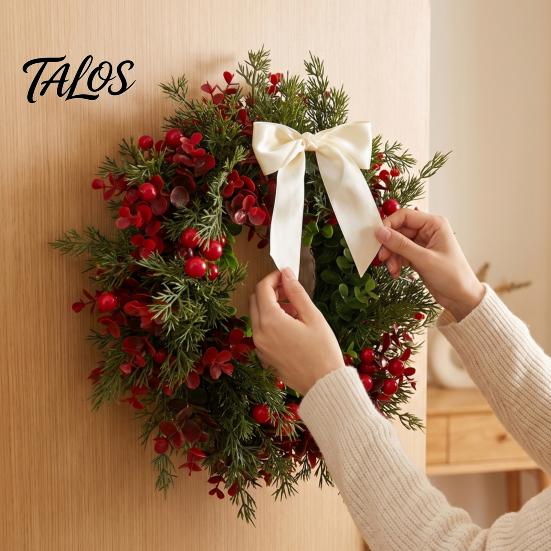 Natural Look Artificial Greenery Wreath Christmas with Red Berries Eucalyptus Pinecones, Front Door Winter for Hanging Garland Window Wall Fireplace,