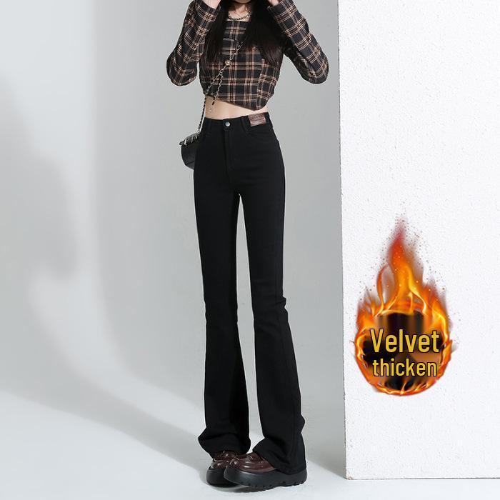 Women's High-Waisted Slim-Fit Fleece-Lined Micro-Flare Jeans for Autumn and Winter